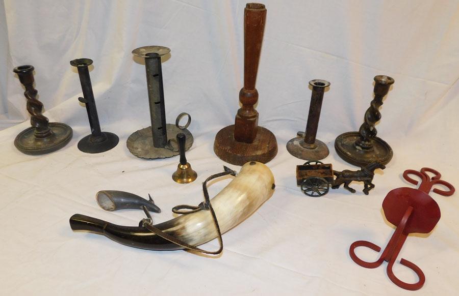 Lot Tole & Wood Candlesticks - Powder Horn (1 of 5)