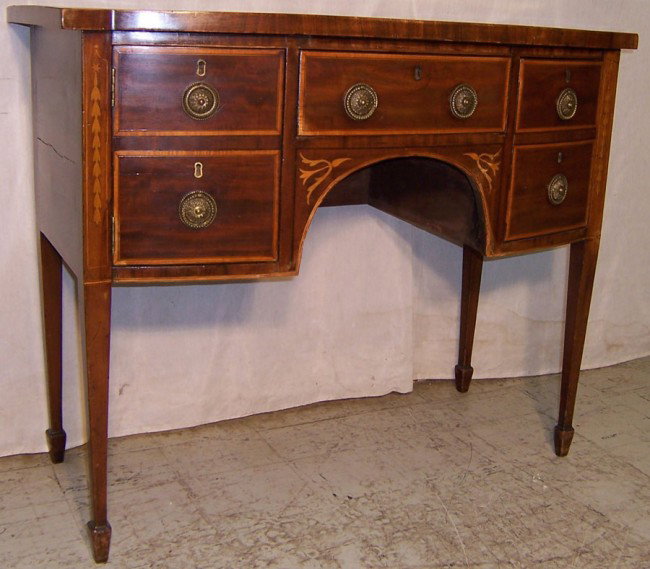 Inlaid bow front mahogany Hepplewhite side board: Inlaid bow front mahogany Hepplewhite side board circa 1830. 44" wide x 23" deep x 36" tall.