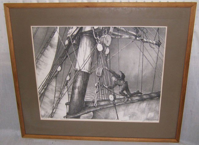 John Nobles nautical print "Topsail Sheet Hook # 2: John Nobles nautical print titled "Topsail Sheet Hook # 2" . 24 1/2" x 2"1 Artist and numbered 33/295 signed in pencil
