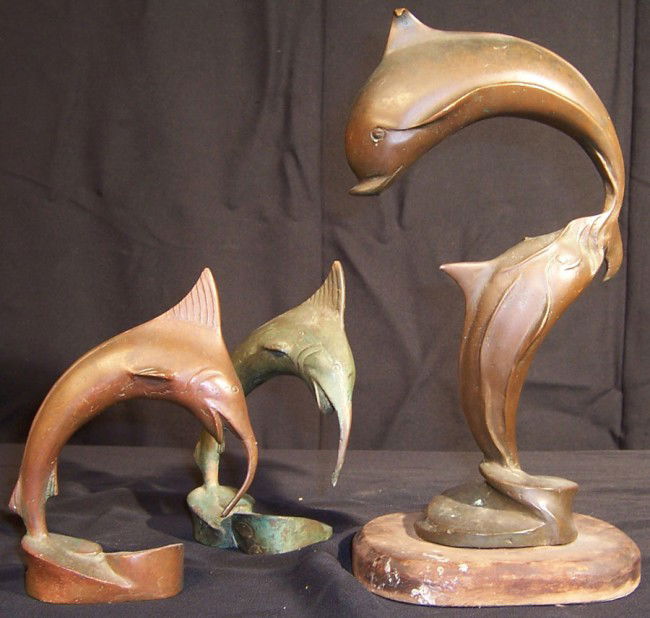 (3) Bronze figures signed Hough: (3) Bronze figures signed Hough (2 small sail fish - 6 1/2" , 7", Dolphin 12")