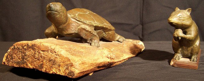 Bronze squirrel and turtle signed Hough: Bronze squirrel and turtle signed Hough