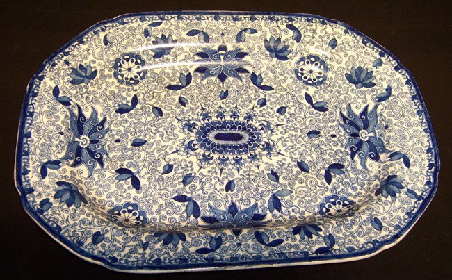 19th century blue decorated ironstone platter: 19th century blue decorated ironstone platter. 18" x 13".