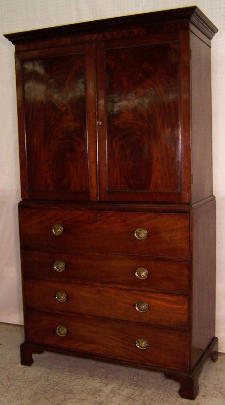 Mahogany butlers desk secretary linen press: Mahogany butlers desk secretary linen press with original brasses, feet and trays. 45 3/4" wide x 22" deep x 82" tall.