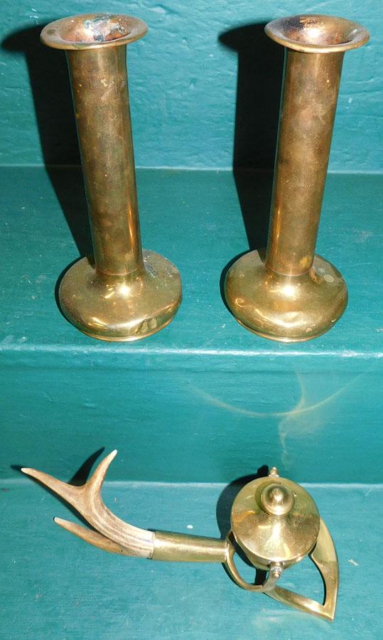 Pr Ant Brass Candlesticks & Brass Deer Horn Oil Lamp (1 of 4)