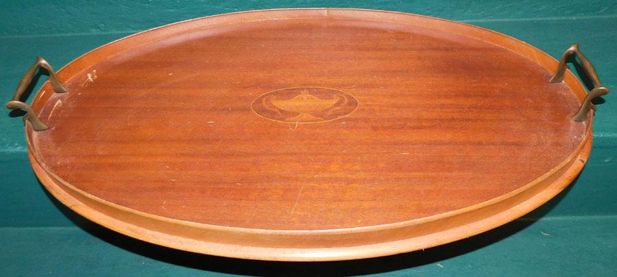 Mahogany Oval Urn Inlaid Gallery Tray w/ Brass Handles: Mahogany Oval Urn Inlaid Gallery Tray with Brass Handles . 24 1/4" x 13 3/4"