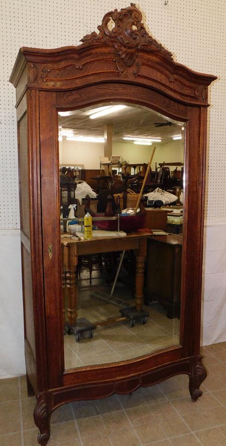 Carved French Oak Bevel Mirrored Door Armoire (1 of 7)
