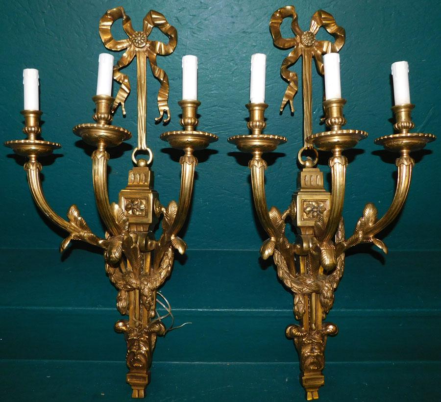 Pair of 3 Light Cast Bronze Wall Sconces (1 of 5)