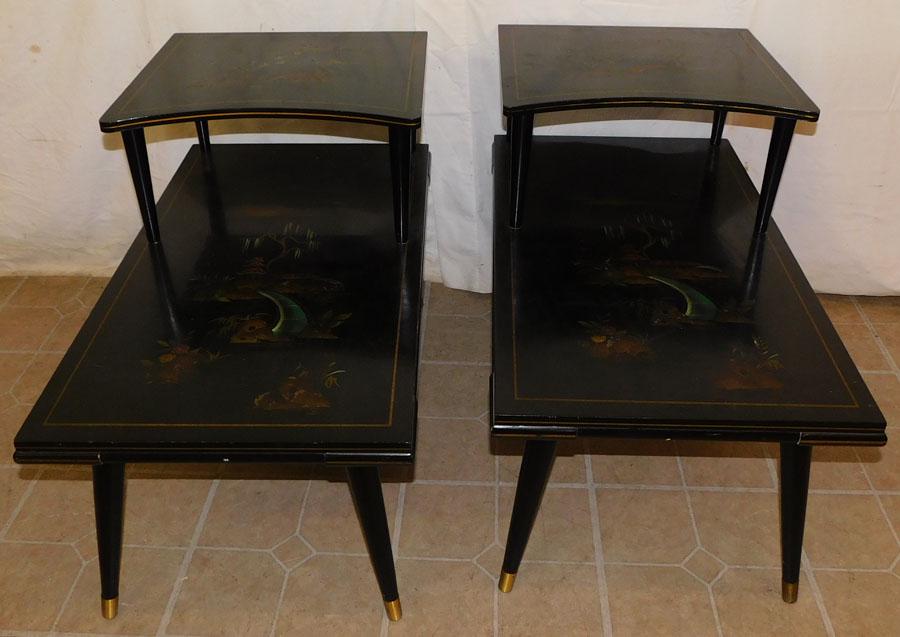 Pr Black Lacquered Oriental Paint Dec Step End Tables (1 of 5)