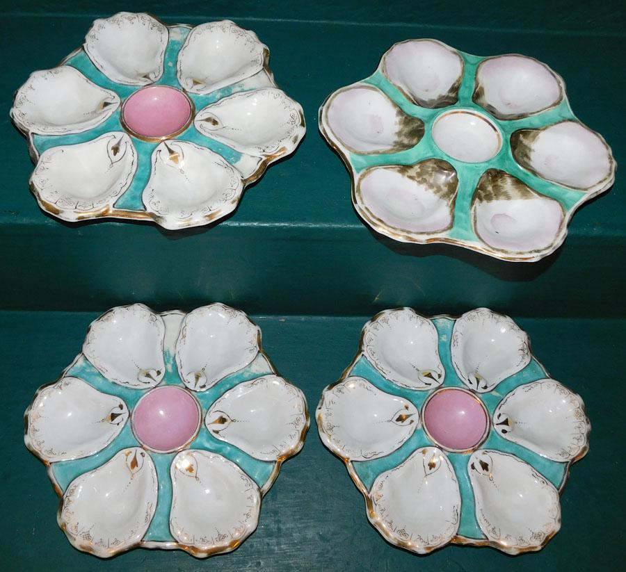 Set of 4 Hand Painted 6 Well Oyster Plates (1 of 3)