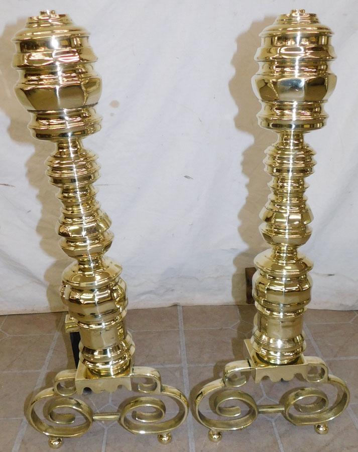 Pair of Polished Brass Andirons by VA Metal Crafters: Pair of Polished Brass Andirons by VA Metal Crafters. 27" H