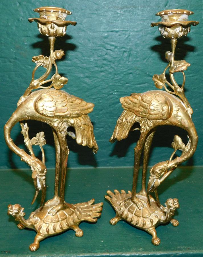 Pr Cast Brass Figural Candlesticks of Crane on Turtle (1 of 3)