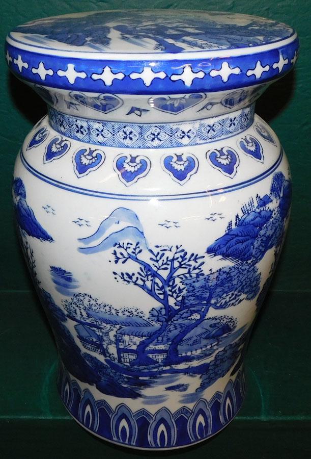 Porcelain Blue & White Garden Seat: Porcelain Blue & White Garden Seat . 10" Dia. 16" H