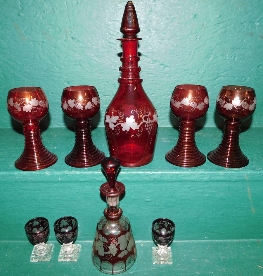 9 Piece Ruby Cut to Clear Decanter Set (1 of 4)