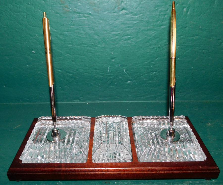 Signed Waterford Crystal & Mah Dbl Pen Desk Stand (1 of 2)