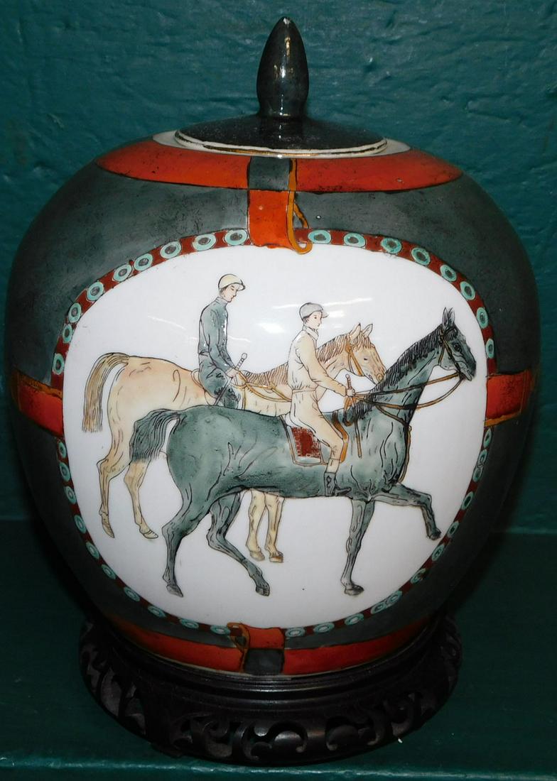 Oriental Equestrian Scene Ginger Jar on Teakwood Stand (1 of 4)
