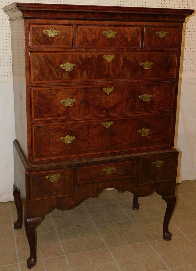 19th C 2 Piece Burl Walnut Inlaid Queen Anne Highboy (1 of 6)