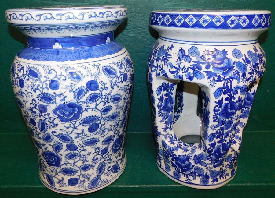 2 Blue & White Paint Decorated Garden Seats (1 of 2)