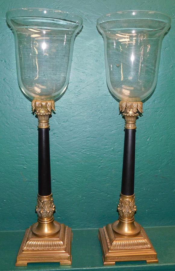Pr Large Heavy Bronze Candlesticks with Glass Shades (1 of 3)
