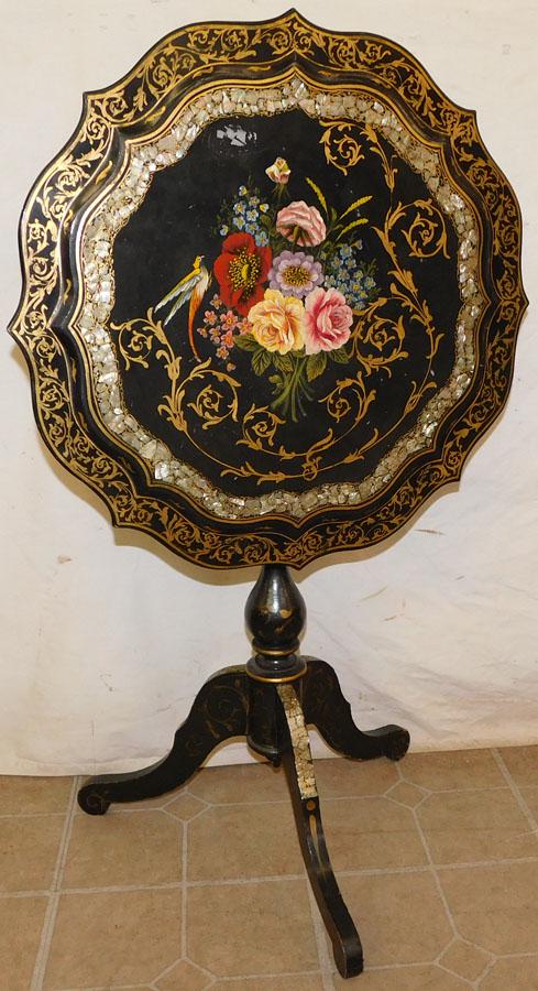 Black Lacquered Pnt Decorated MOP Inlaid TT Tea Table (1 of 4)
