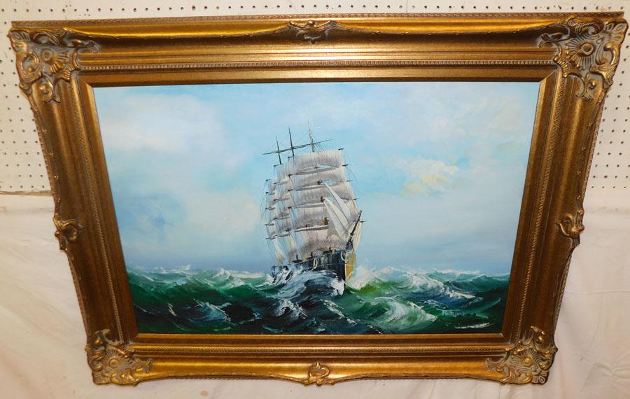 Oil On Canvas of Ship Scene Signed (1 of 4)