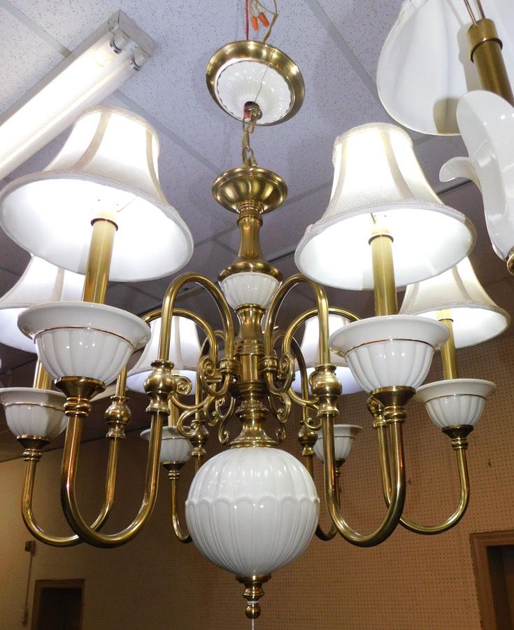 Brass & Lenox Porcelain 6 Light Chandelier: Brass & Lenox Porcelain 6 Light Chandelier. 24" H 27" Dia.