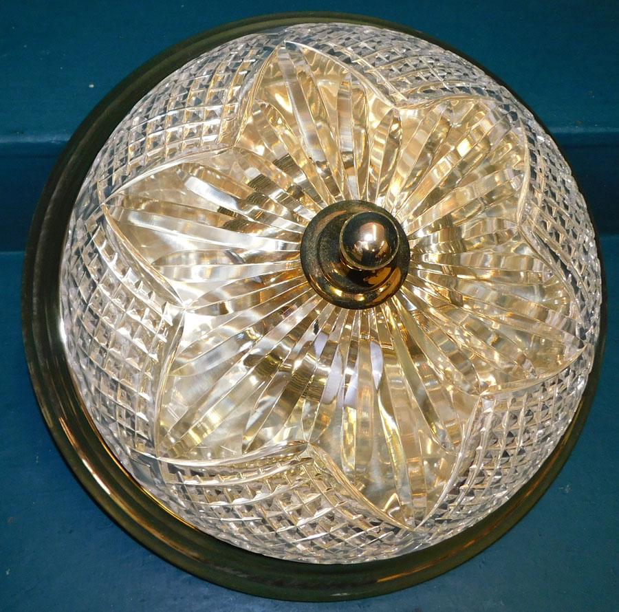 Brass & Signed Waterford Crystal Foyer Light: Brass & Signed Waterford Crystal 3 Socket Foyer Light. 17 1/4" Dia. 9 1/2" H