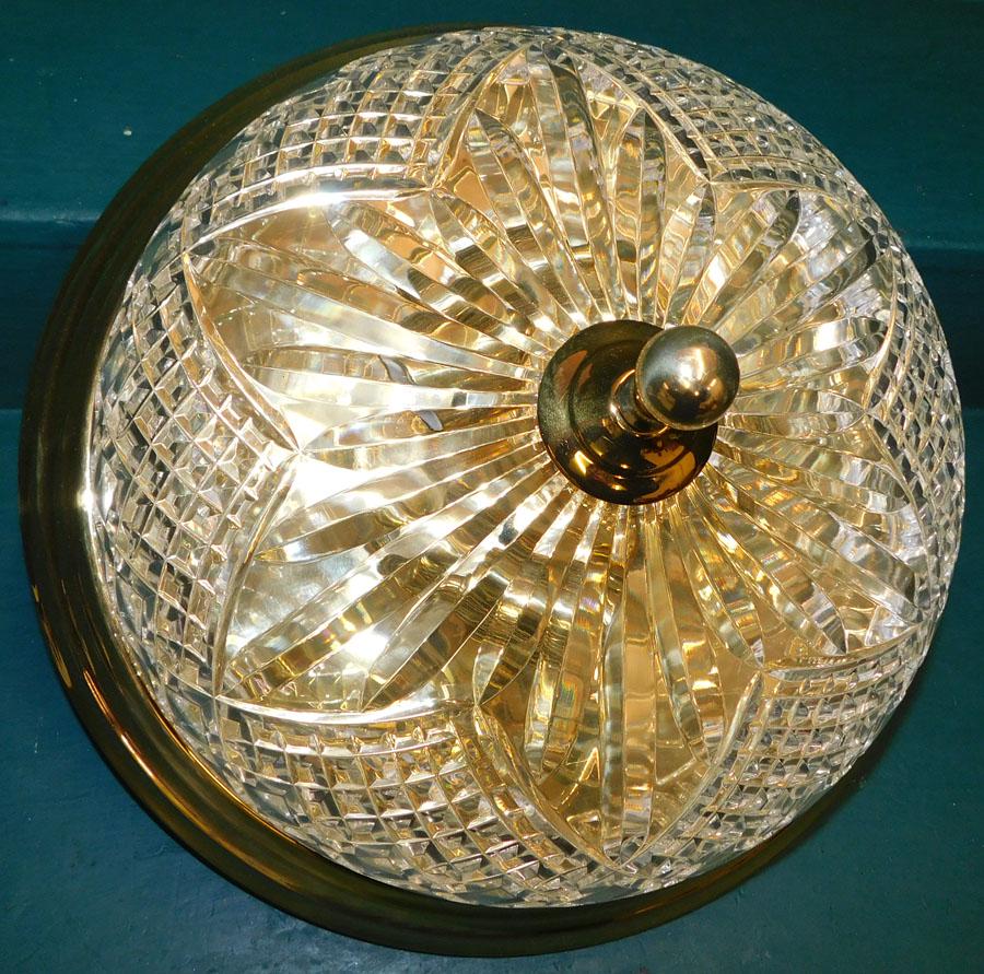 Brass & Signed Waterford Crystal Foyer Light: Brass & Signed Waterford Crystal 3 Socket Foyer Light. 17 1/4" Dia. 9 1/2" H