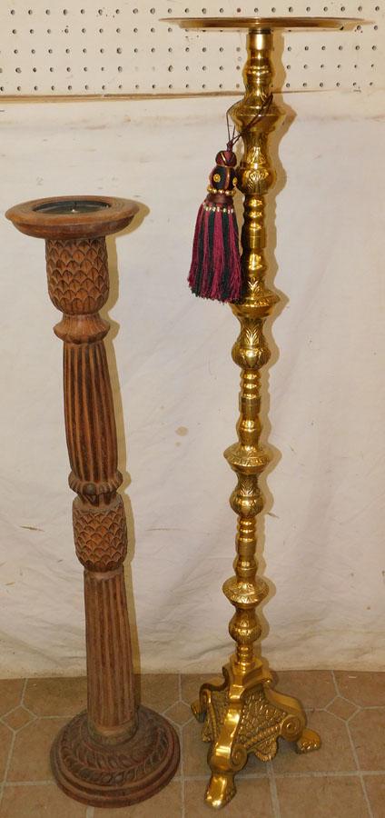 Brass Plant Stand & Carved Wood Candle Holder (1 of 2)