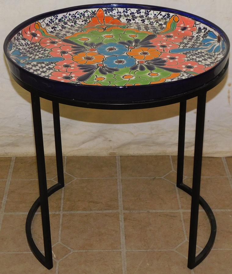 Painted Pottery Tray On Metal Base: Painted Pottery Tray On Metal Base . 18 1/2" Dia 19 1/2" H
