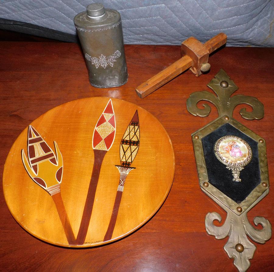 Ant Pewter Flask, Eric Juckert Plate, & Brass Plaque (1 of 5)