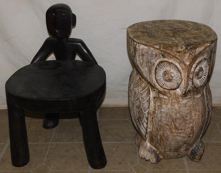Wooden Carved Owl & Stool: Wooden Carved Owl & Stool. 18 1/2" H - Stool