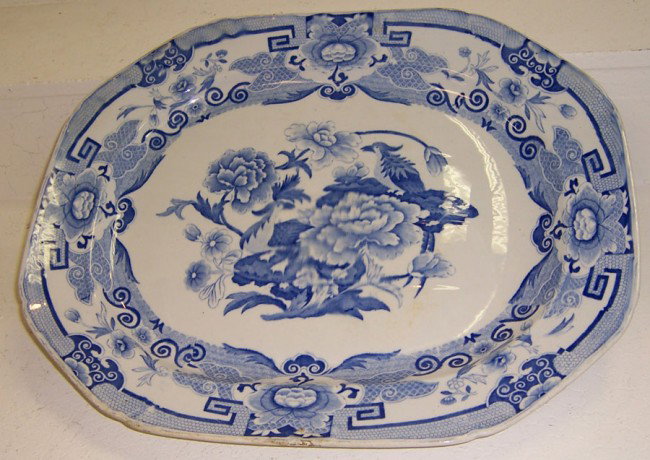 Blue transfer masons ironstone platter.: Blue transfer masons ironstone well and tree platter. 20 1/2" 16 1/4".