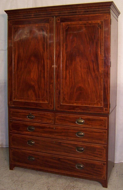 Inlaid mahogany Hepplewhite linen press: Beautiful inlaid mahogany Hepplewhite linen press, no trays. 49 1/2" wide x 79" tall.