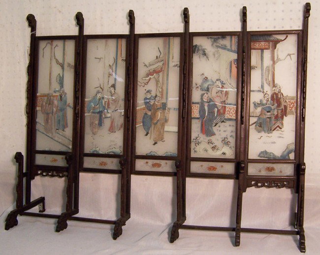 5 panel reverse painted Chinese screen.: 5 panel reverse painted Chinese screen. 37" wide x 29" tall.