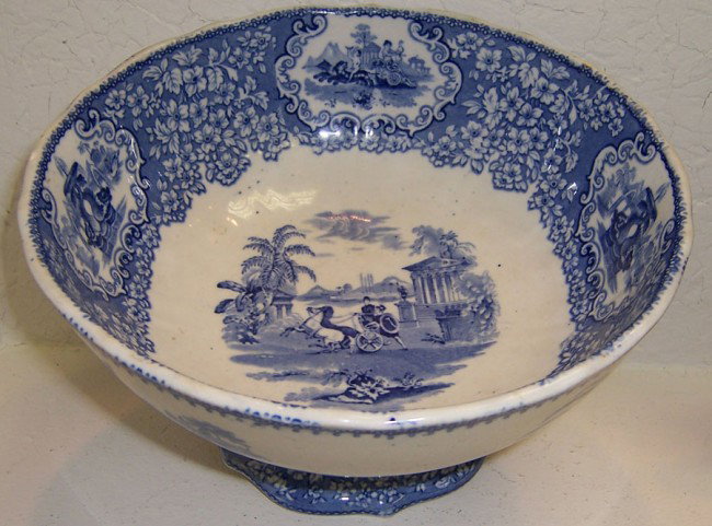 Footed English transfer ironstone bowl.: Footed English transfer ironstone bowl. 9 1/2" diameter x 5 1/4" tall.