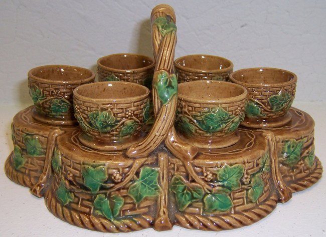 Majolica egg cups and holder.: George Skey of Tamworth Majolica egg cups and holder.