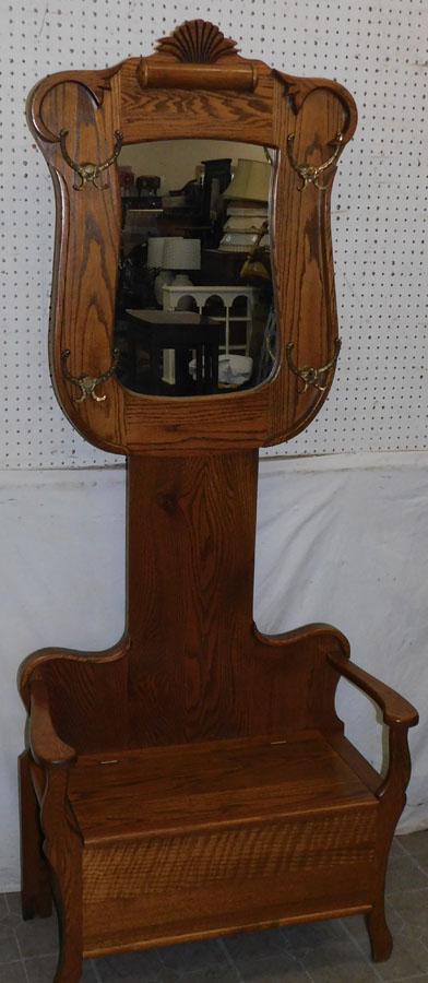 Carved Top Oak Hall Tree with Lift Seat: Carved Top Oak Hall Tree with Lift Seat. 33 1/2" W 16" D 80" H