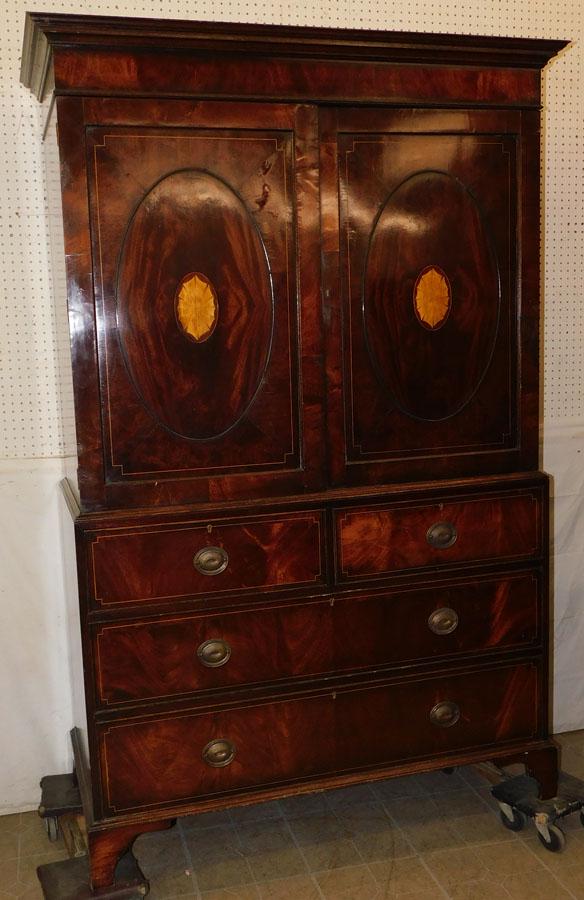 Mahogany Inlaid Linen Press: Mahogany Inlaid Linen Press. 52 1/4" W 24" D 79 3/4" H