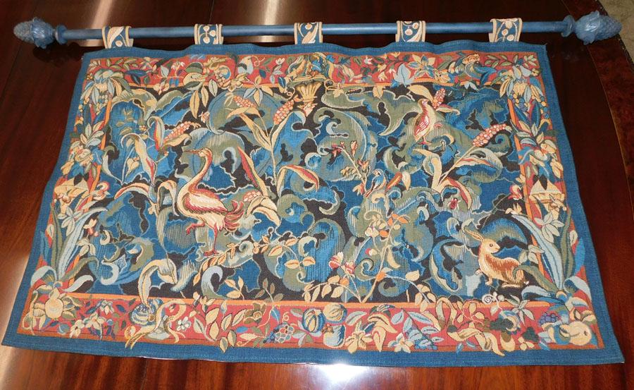 Animal Motif Tapestry On Painted Wood Rod: Animal Motif Tapestry On Painted Wood Rod. 57" X 30"