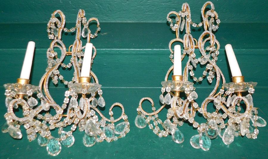 Pair Gilt Metal & Beaded Glass 2 Light Candle Sconces (1 of 3)