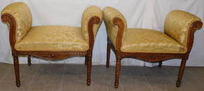 Pair Louis XVI Cherry Carved Rolled Arm Benches