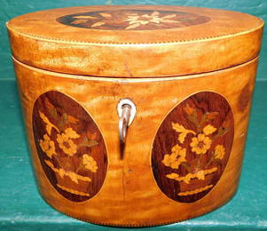19th C Oval Satin Wood Inlaid Tea Caddy