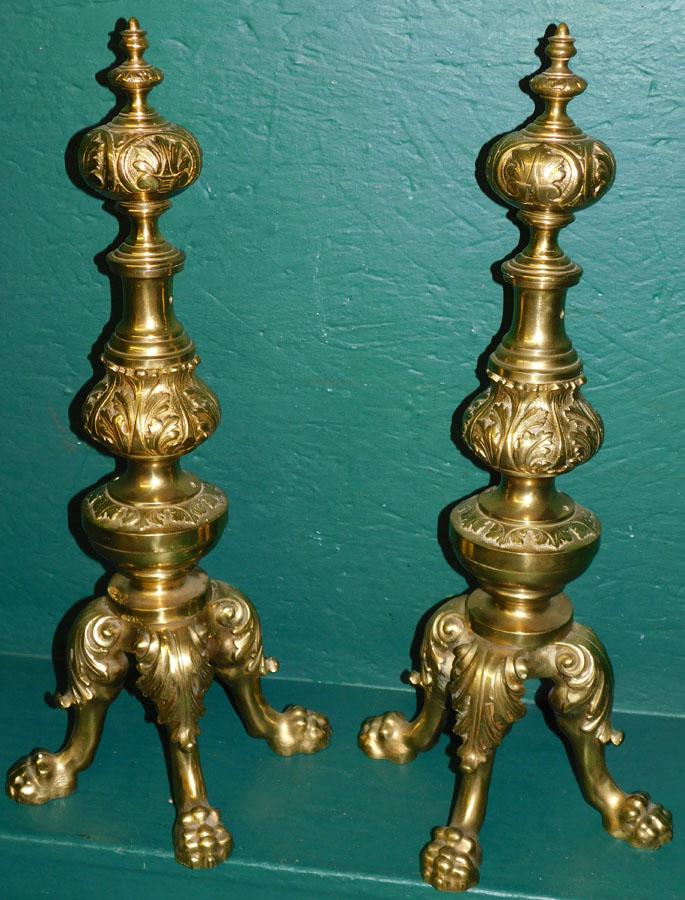 Pair of Ornate Antique Claw Foot Brass Andirons (1 of 3)