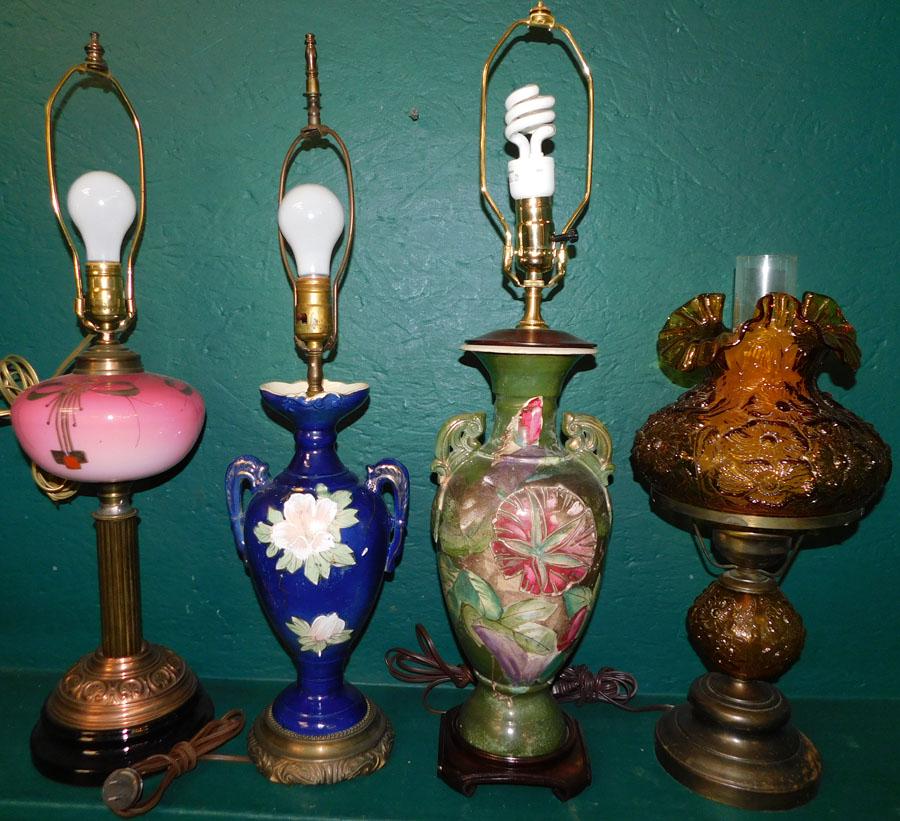 Lot of 4 Antique Porcelain & Glass Lamps: Lot of 4 Antique Porcelain & Glass Lamps. 27" H - Tallest