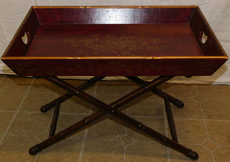 Red Lacquered Serving Tray On Faux Bamboo Stand (1 of 2)