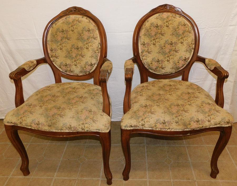 Pair Cherry Carved Upholstered Arm Chairs (1 of 4)