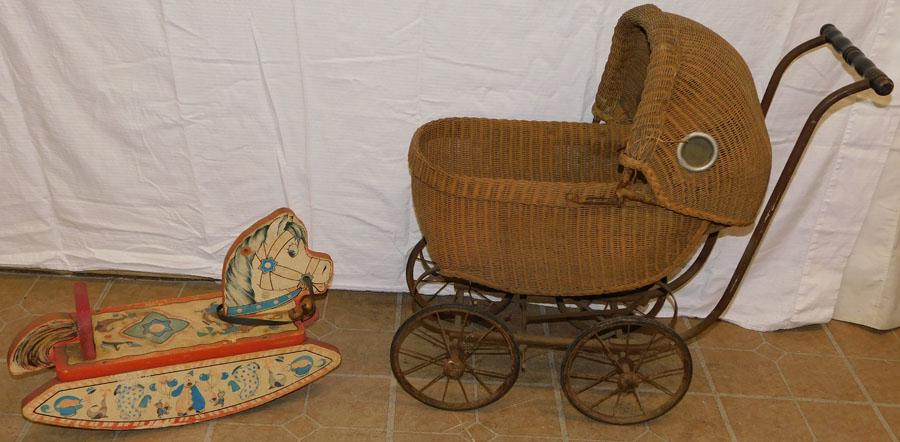 Antique Wicker Doll Stroller & Hobby Horse (1 of 1)