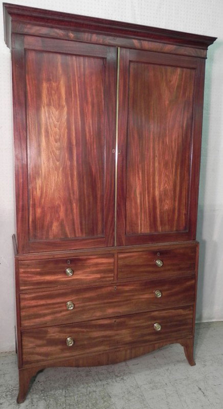 Period Hepplewhite mahogany linen press: Period Hepplewhite mahogany linen press with original feet and brasses. 48" wide x 21" deep x 7'4" tall.
