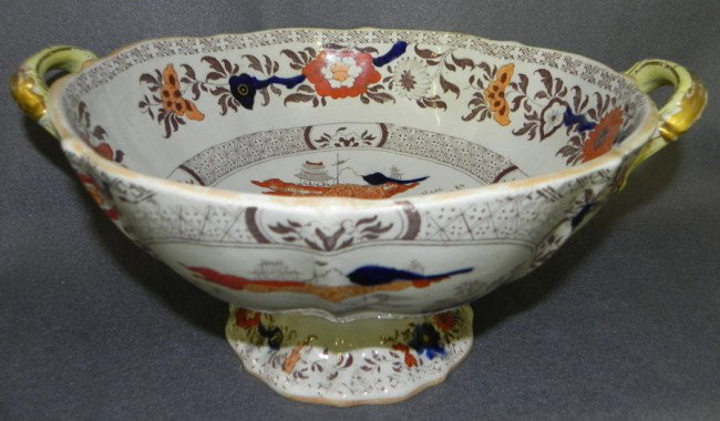 HP & decal masons ironstone footed bowl: Hand painted and decal masons ironstone footed bowl with handles.
