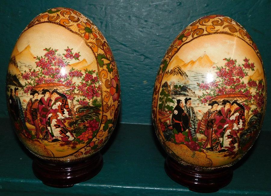 Pair Paint Decorated Porcelain Oriental Eggs On Stands (1 of 3)